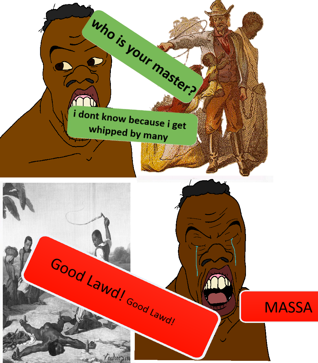 feraljak, feralnigger, who is your father, 2soyjaks, black hair, black skin, brown hair, closed eyes, closed mouth, confused