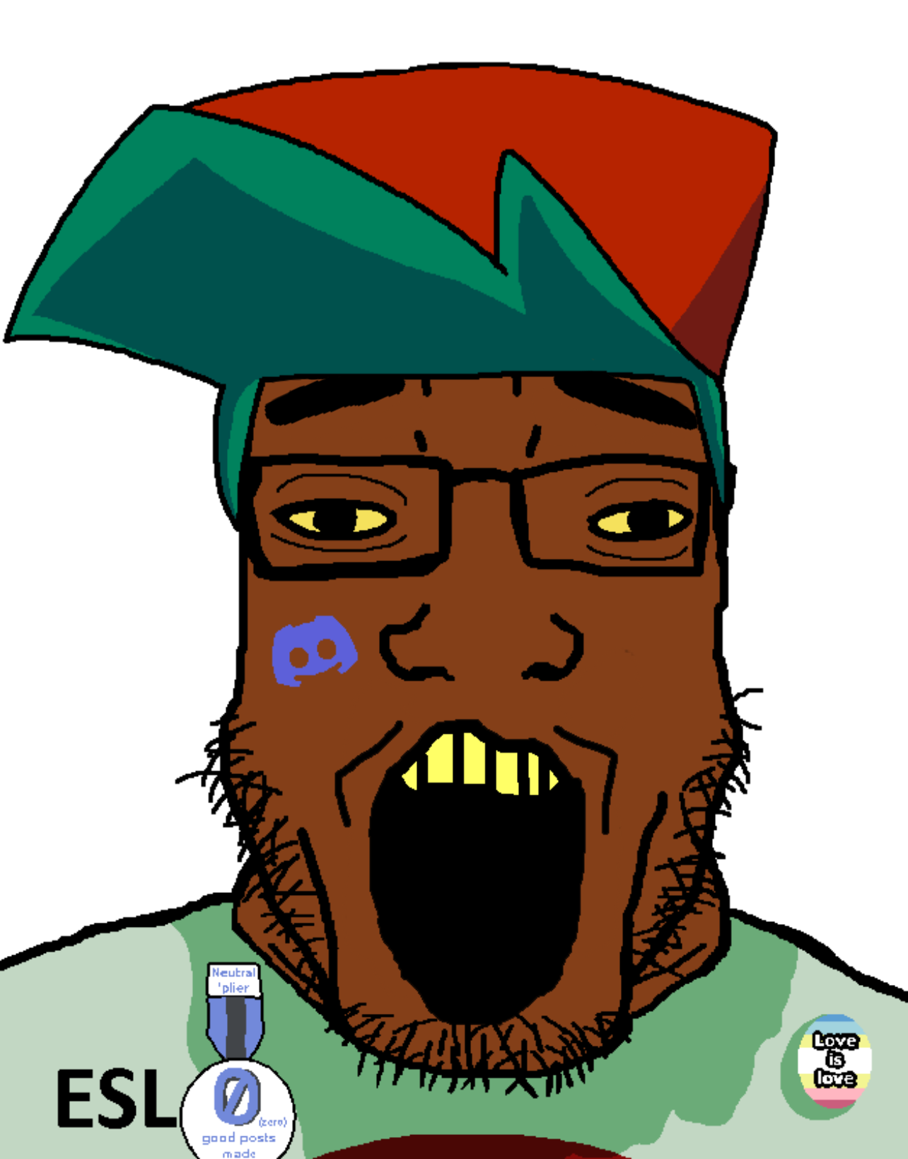 boyfriend (friday night funkin'), esl fnf pedo, chudjak, markiplier soyjak, chudplier, 1soyjak, badge, brown skin, bushy eyebrows, chud