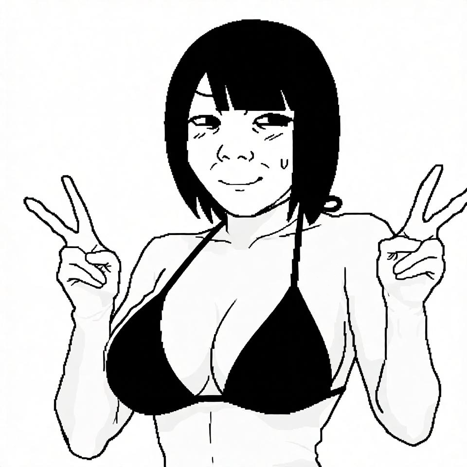 kuzjak, temuchan, femjak, foidjaks, 1soyjak, big breasts, bikini, black eyes, black hair, blush