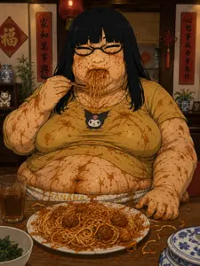 kuromi (sanrio), soychang, soytan, bbw, belly, belly button, black hair, borderline 'o, clothes, dinner