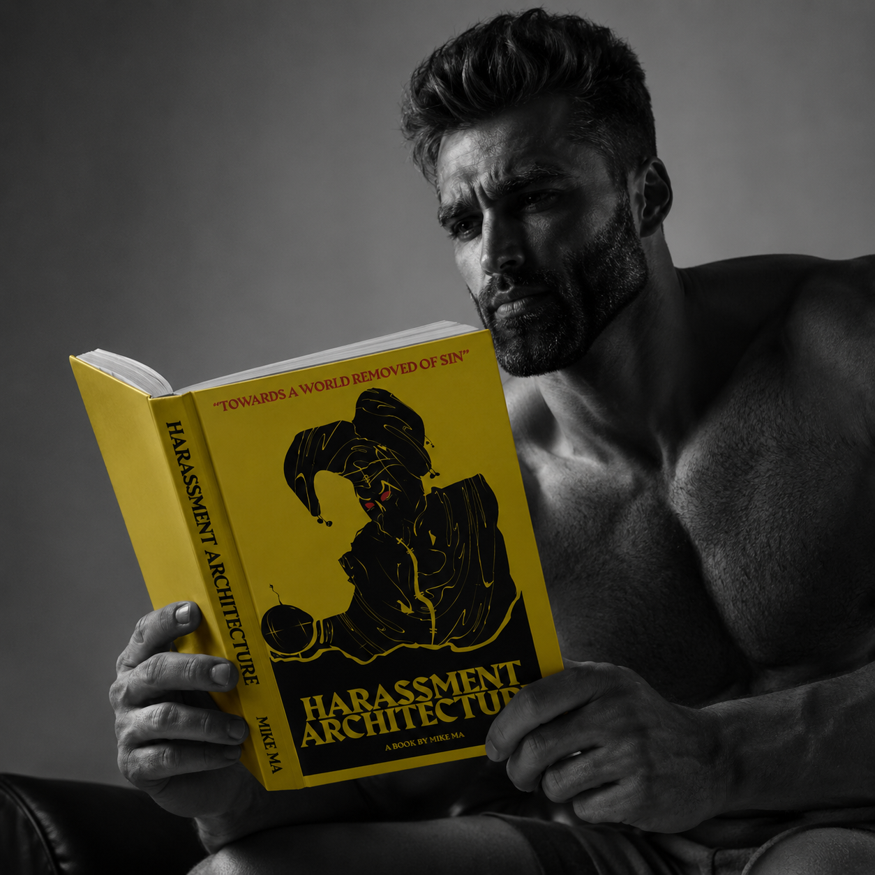 gigachad, 1nas, accelerationism, artificial intelligence, based, beard, black and white, book, buff, closed mouth