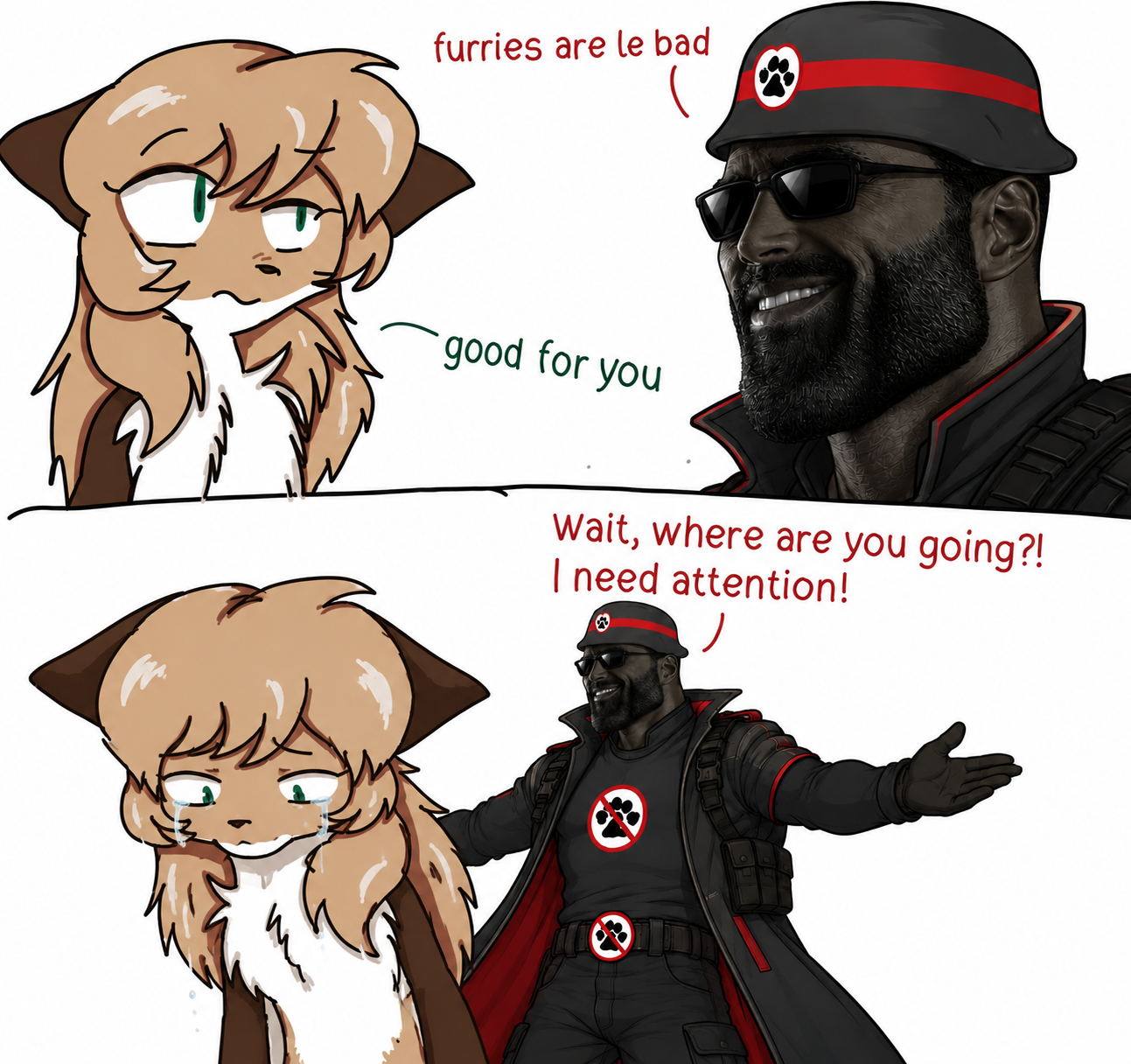 averi, gigachad, animal, anti furry, beard, belt, black eyes, buff, cargo pants, chatgpt