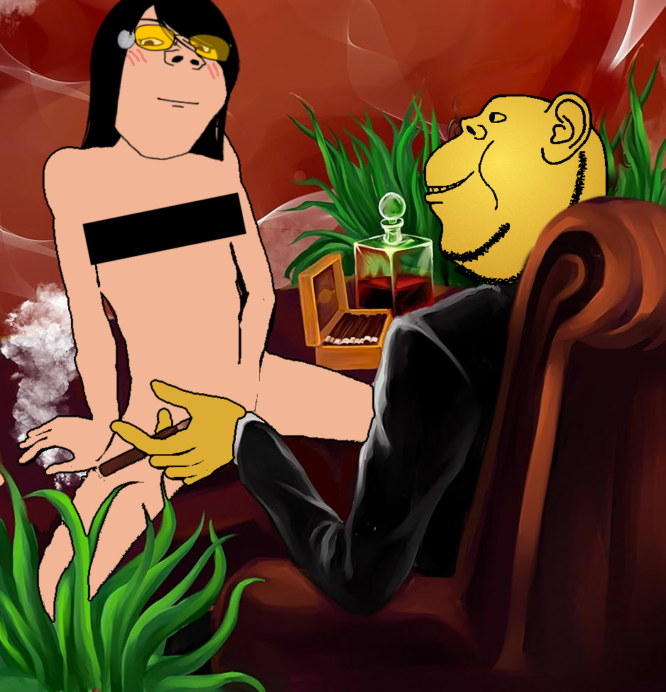 impish soyak ears, impish side ears, 2soyjaks, bald, black hair, brown skin, censored, chair, cigar, clothes