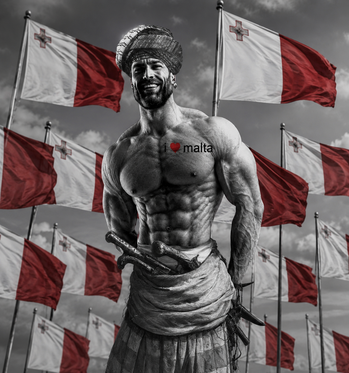 gigachad, beard, buff, flag, gray background, gray skin, half body, half open mouth, looking at you, malta