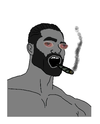 gigachad, gigajak, beard, black eyes, black hair, bloodshot eye, buff, cigar on face, cigarette, gray skin