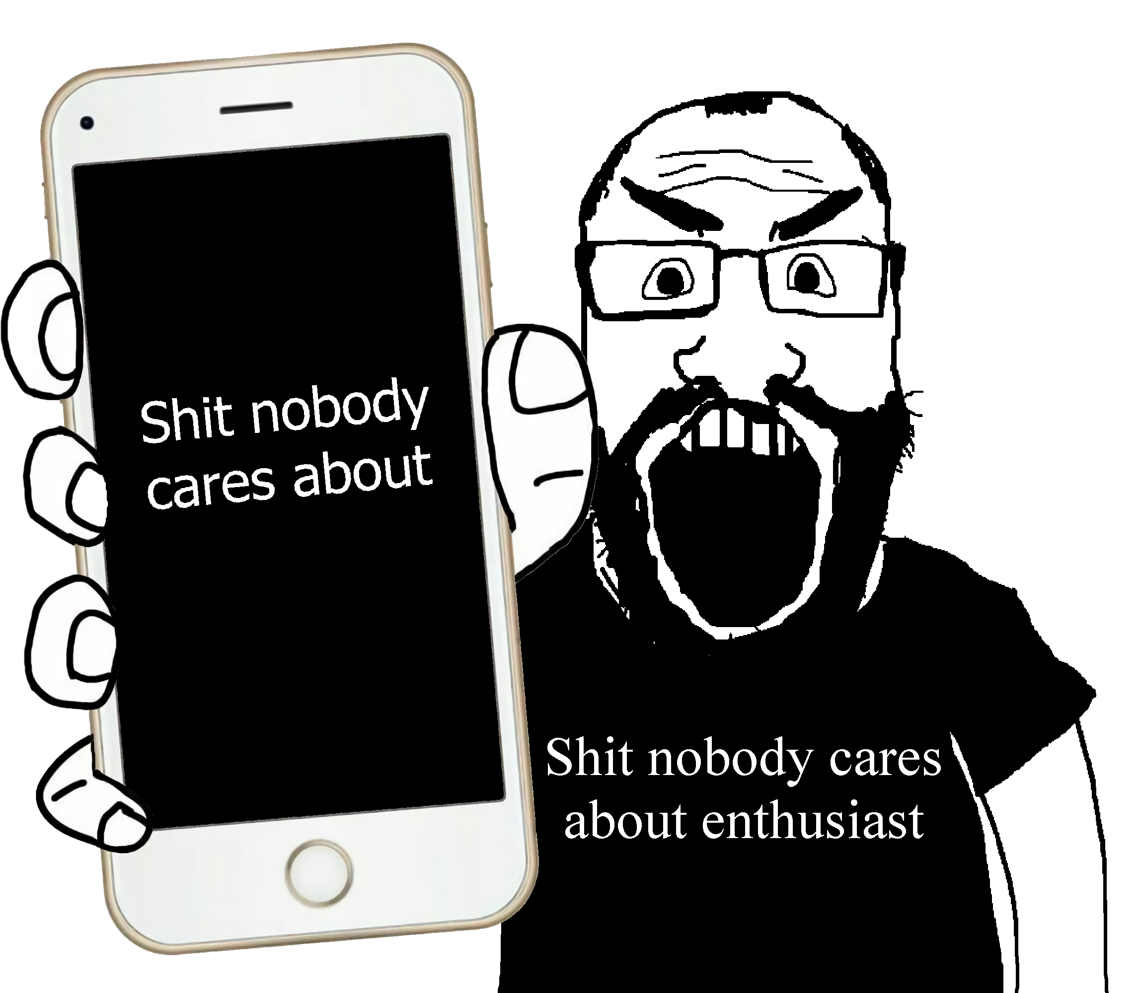 markiplier soyjak, phoneplier vertical, science lover, showing phone, 1soyjak, arm, balding, beard, black shirt, body