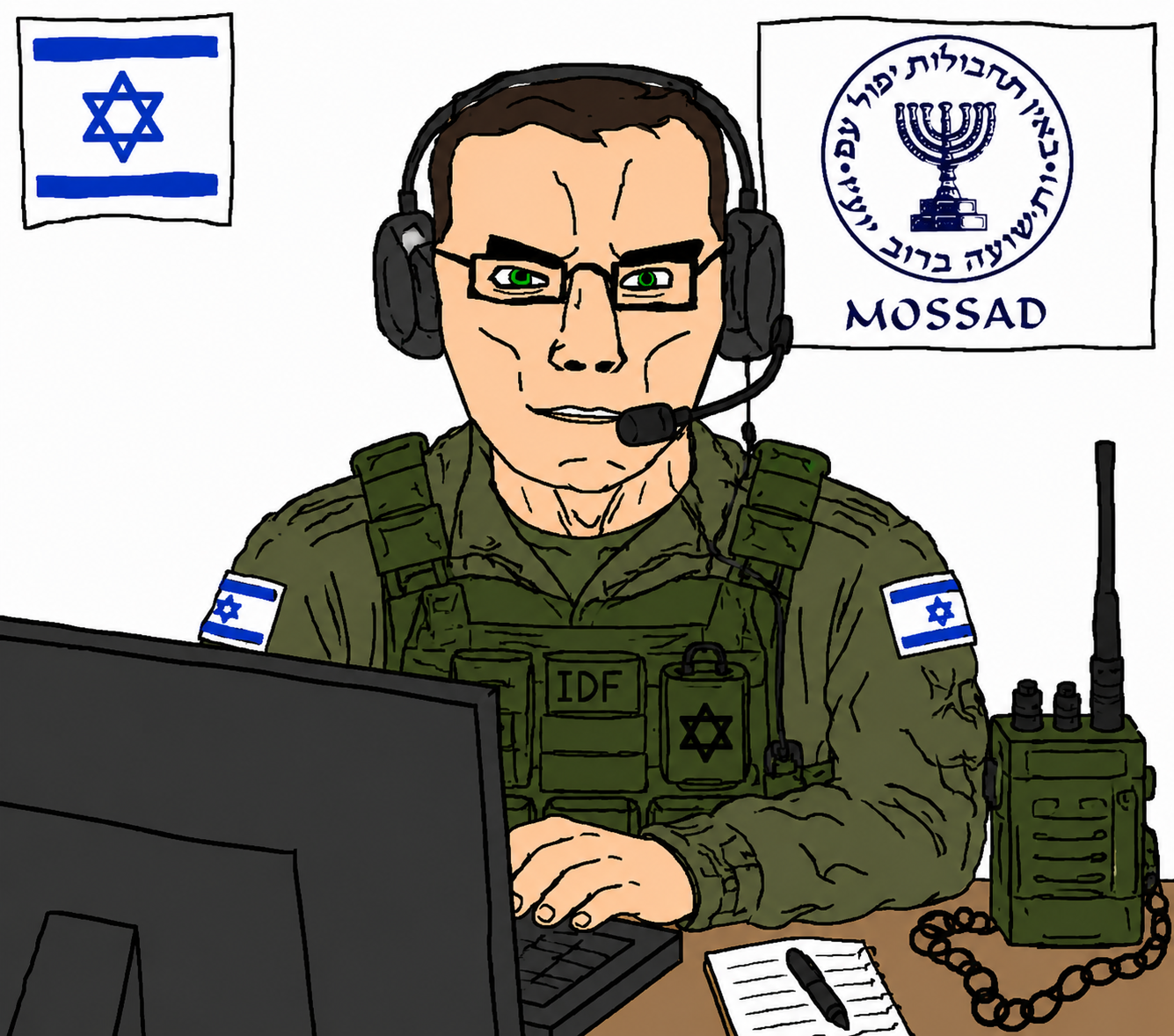 chudjak, chudjak front, muscular chud, 1soyjak, ashkenazi, brown hair, buff, closed mouth, front view, glasses