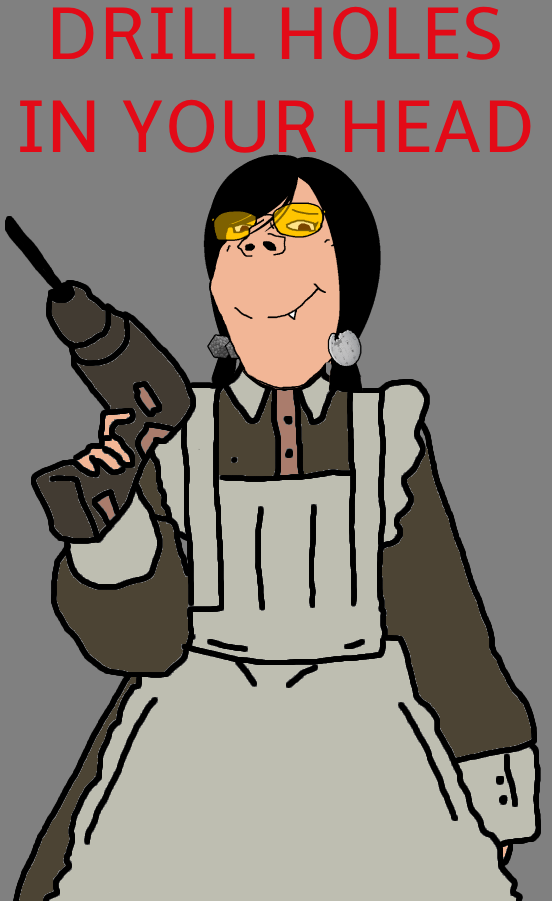 gapejak, female gapejak, femjak, admin, black hair, button, closed mouth, cobblestone, drill, fang