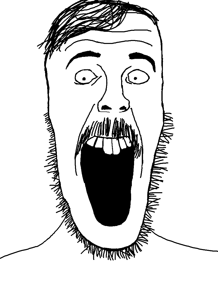 beastjak, 1soyjak, buck teeth, eyebrows, forehead lines, hair, monochrome, mr beast, mustache, no glasses