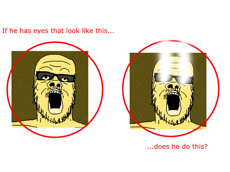 a24 slowburn soyjak, 2soyjaks, bald, bright eyes, circle, front view, laser eyes, looking up, nose, op should take his meds right now