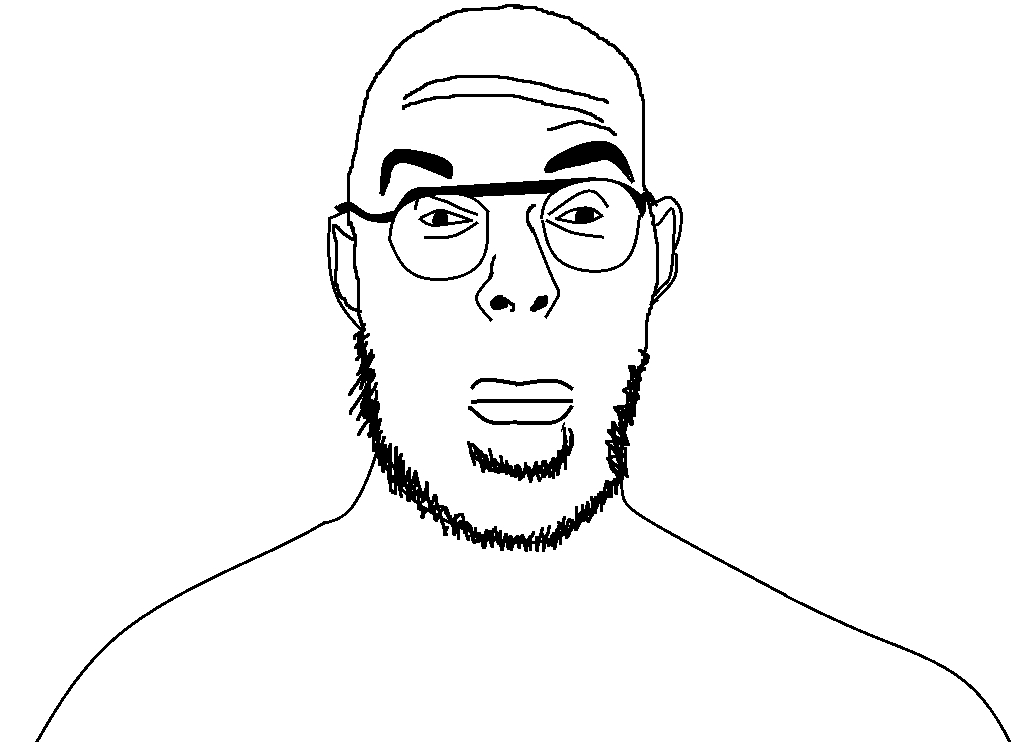 facejak, 1soyjak, bald, black eyes, closed mouth, glasses, looking at you, low effort, monochrome, neutral