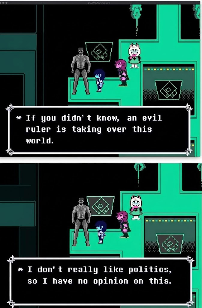 gigachad, kris (deltarune), ralsei (deltarune), susie (deltarune), beard, black eyes, blue hair, blue skin, buff, closed mouth