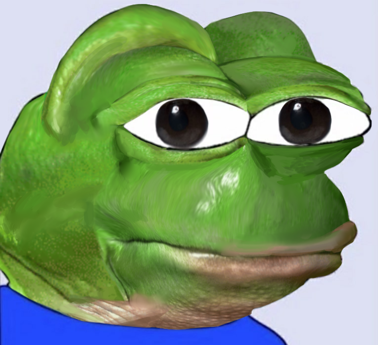 shemmysloota, pepe, 2024, amphibian, animal, big lips, black eyes, blue background, blue shirt, closed mouth
