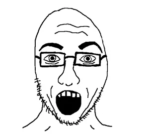 edjak, 1soyjak, forehead lines, front view, glasses, looking at you, monochrome, open mouth, soyjak, stubble