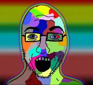 edjak, colorjak, 1soyjak, bald, glasses, multicolored skin, open eyes, open mouth, portrait, soyjak