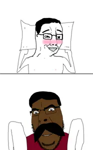 chudjak, cobson, 2panel, 2soyjaks, black eyes, black hair, blush, brown skin, closed mouth, gay