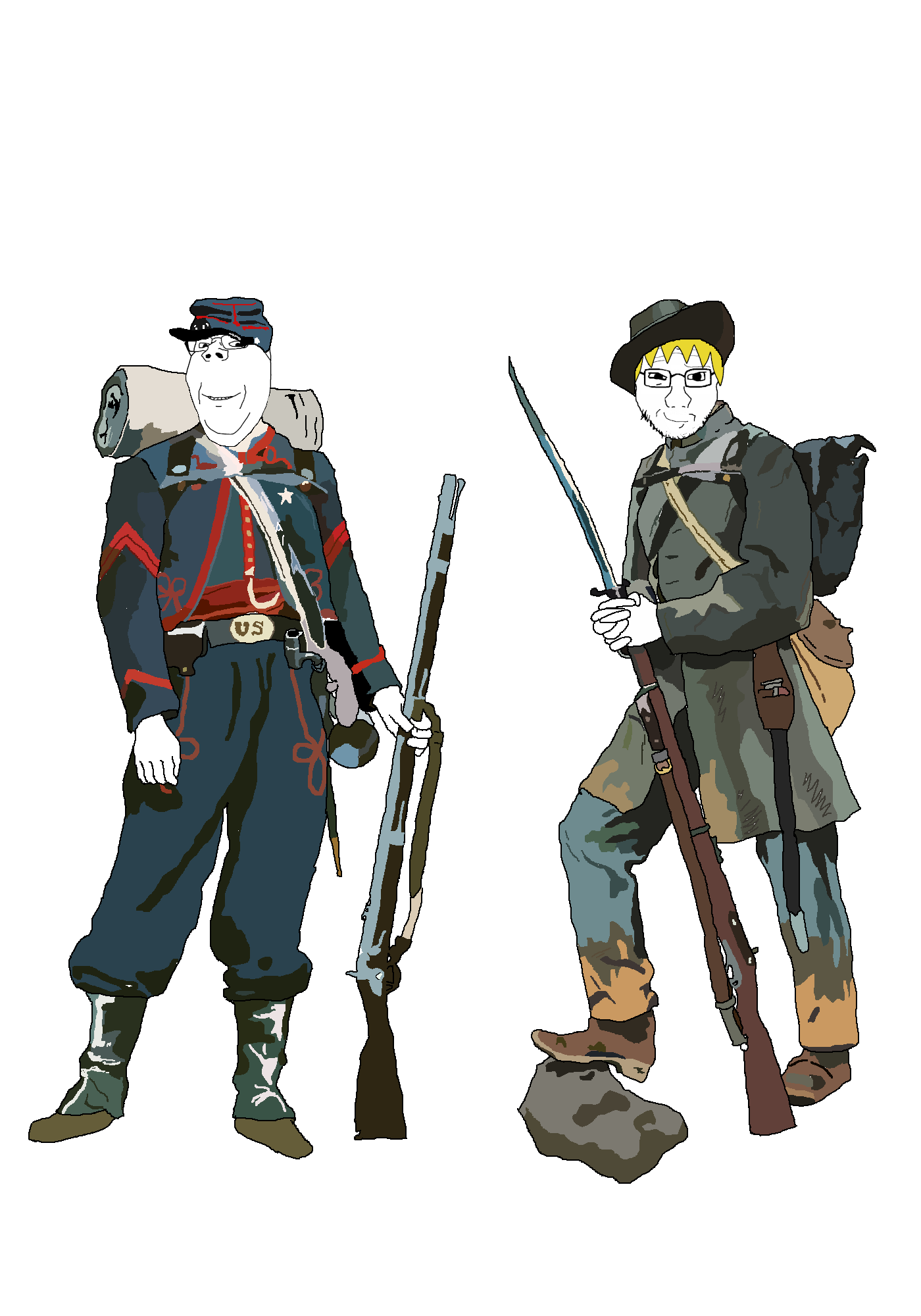 nate higgers, gapejak, soyak, natejak, 2soyjaks, american civil war, bald, bayonet, black eyes, blonde hair