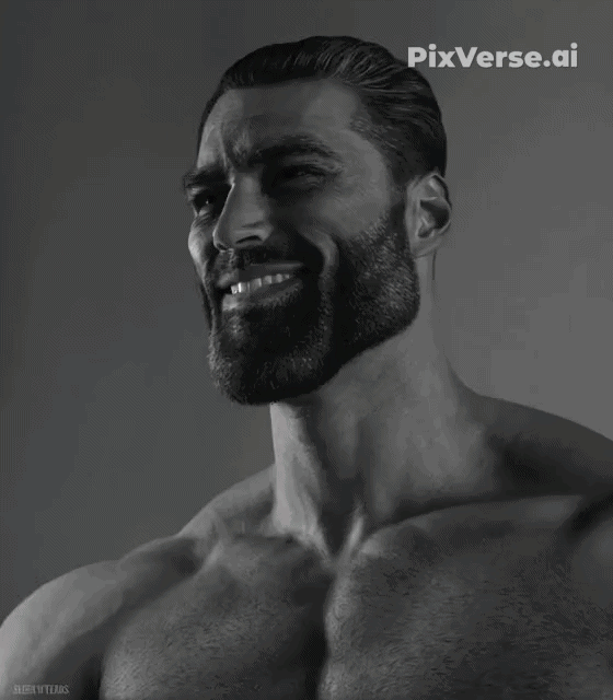 gigachad, animated, arm, black hair, body, buff, foot, grayscale, hair, hand