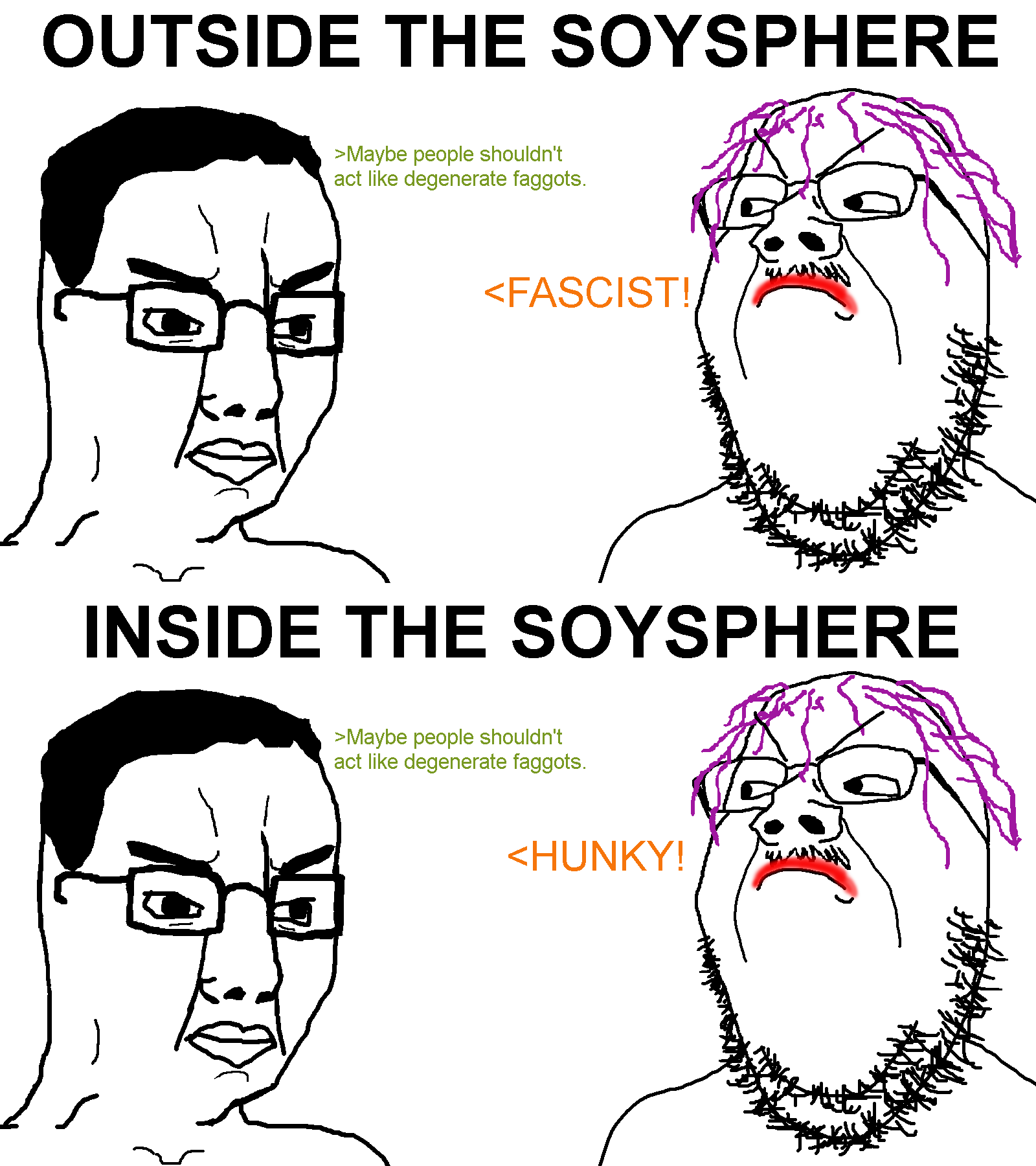 chudjak, gapejak, 'toss, 2soyjaks, angry, black hair, closed mouth, glasses, greentext, hair