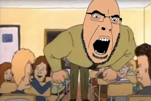 cobson, angry, beavis and butthead, glasses, open mouth, soyjak, stubble, white skin