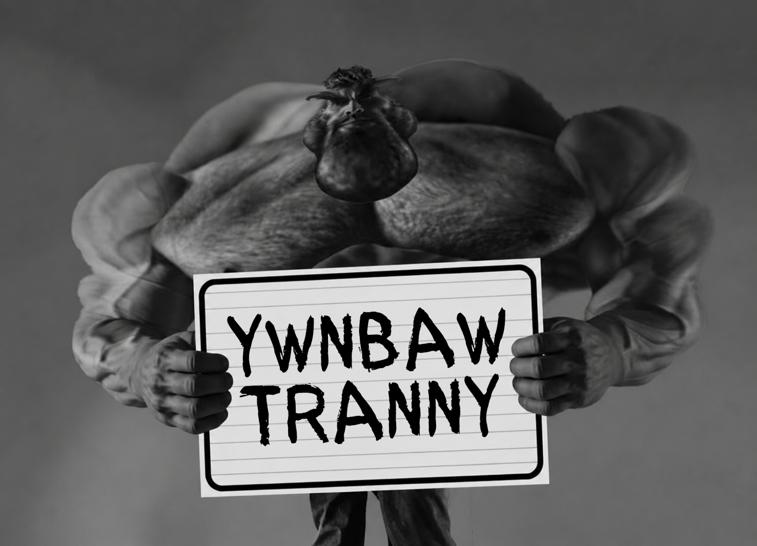 gigachad, petachad, black and white, buff, english text, gray background, gray skin, grayscale, holding object, holding sign