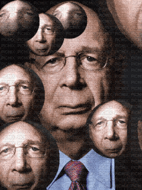 klaus schwab, spinnerz!, animated, bald, closed mouth, clothes, glasses, globe, gray background, no beard