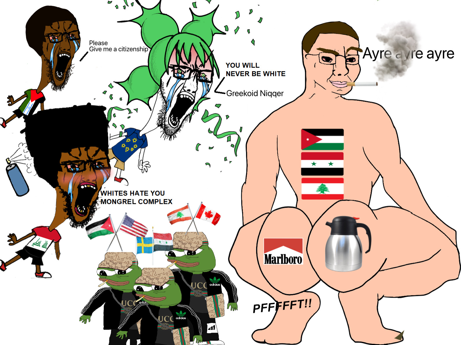 apu, pepe, chudjak, cryboy soyjak, broly culo, 4chan, amphibian, animal, anime, arabic text