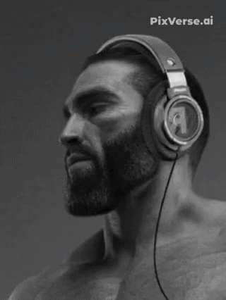 gigachad, old gigachad, animated, balding, beard, black hair, calm, glasses, grayscale, hair