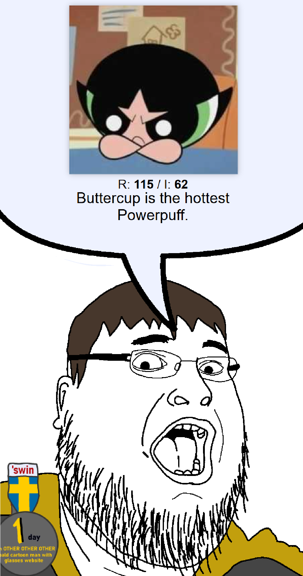 lars, fatjak, 1, brown hair, buttercup (character), fat, glasses, hair, medal, open mouth