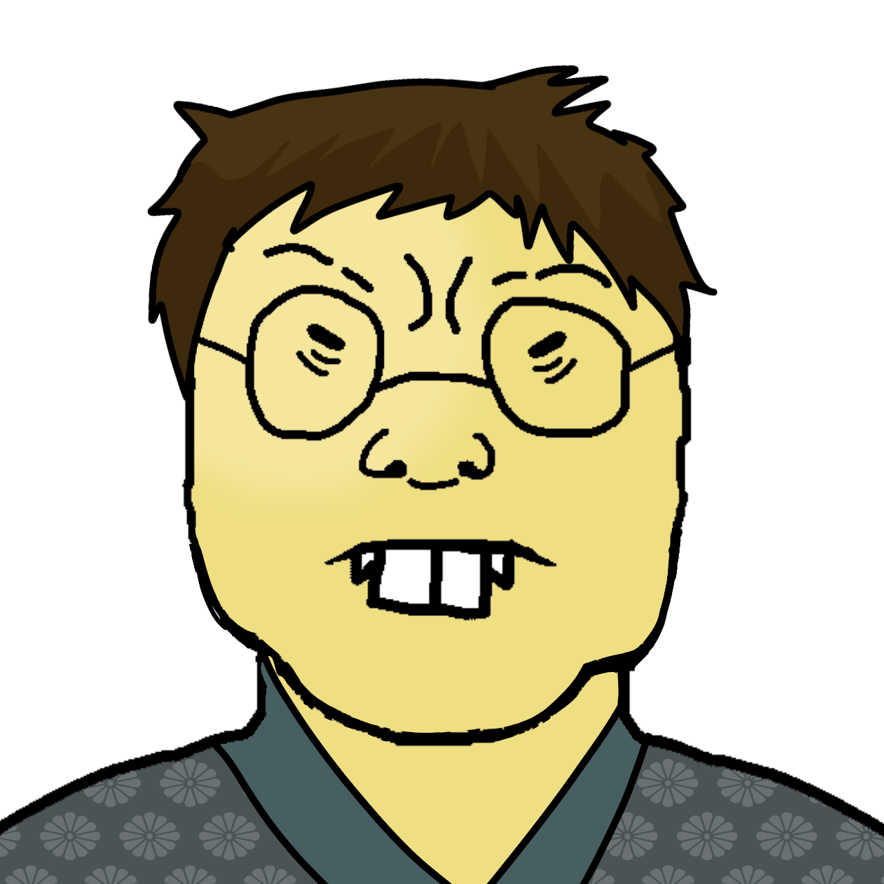 soykio kid, soykio front, 1soyjak, asian, black eyes, brown hair, buck teeth, closed eyes, fangs, flower