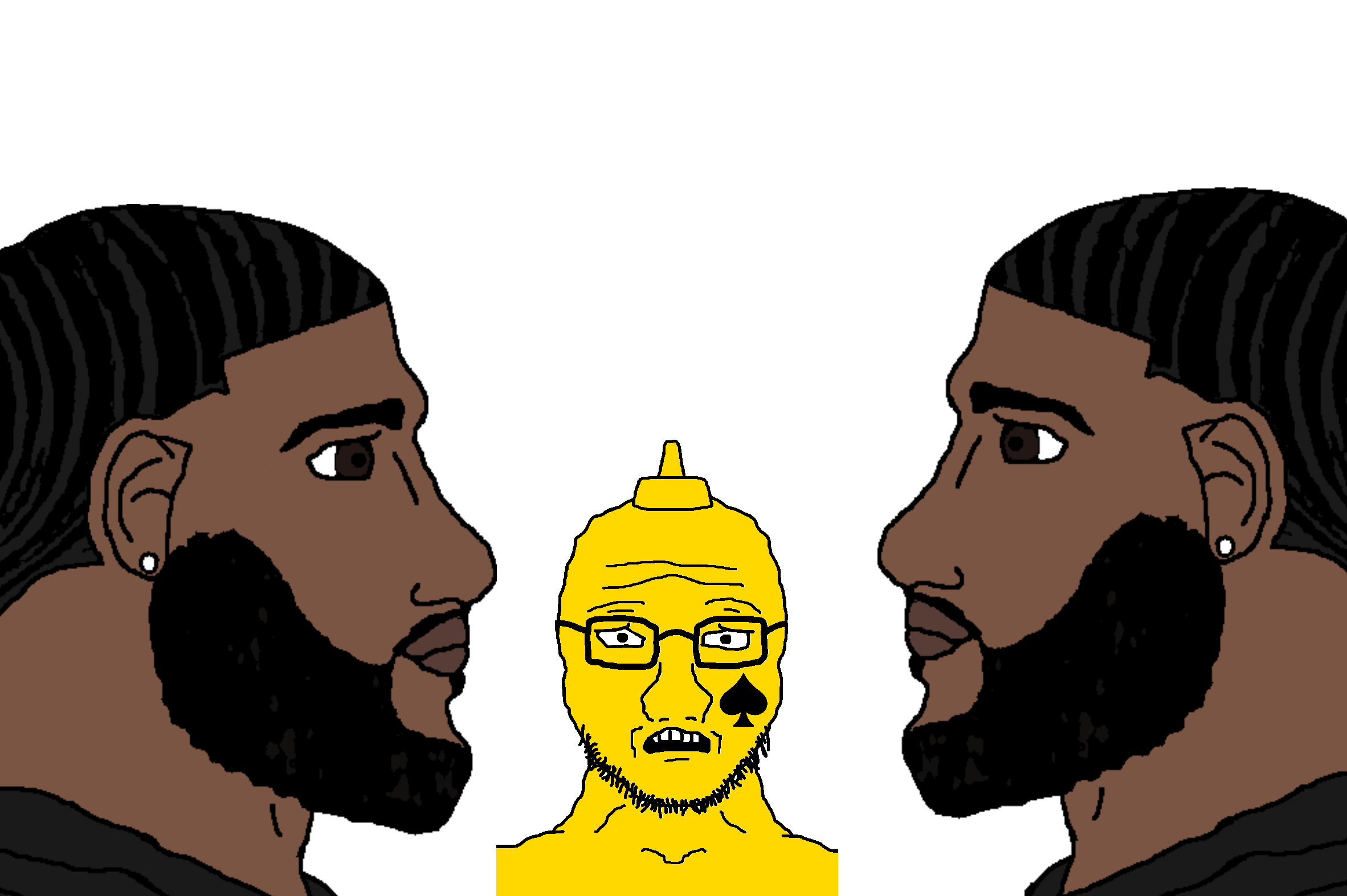 black tradcath, yes chad, soyak, soyak (concerned), soyak front, 1soyjak, brown skin, forehead lines, glasses, half open mouth