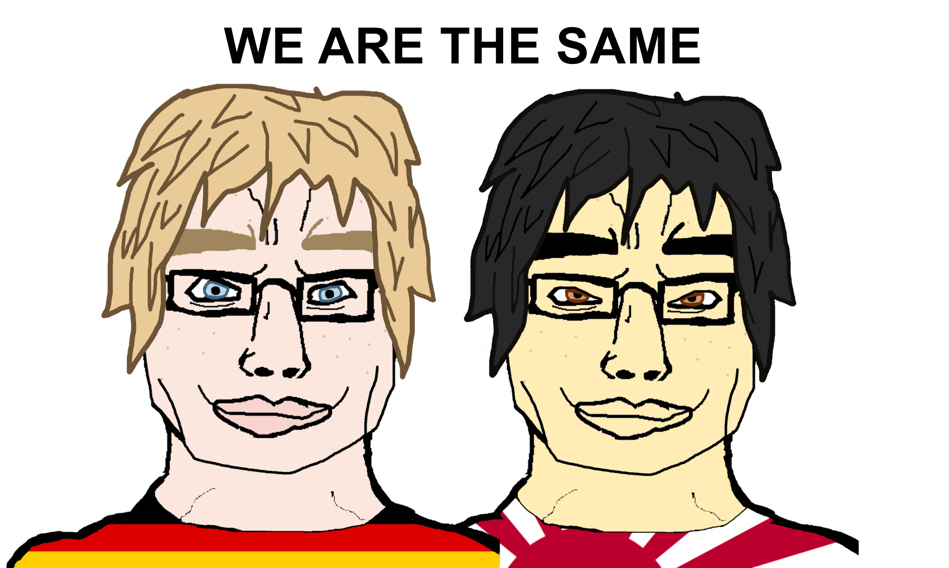 chudjak, chudjak front, aryan, 2soyjaks, a10 eyes, asian, asian eyes, black hair, blonde hair, blue eyes