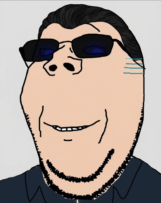 jc denton, gapejak, wholesome soyjak, 1soyjak, black hair, blue eyes, blue shirt, closed mouth, fat, glasses