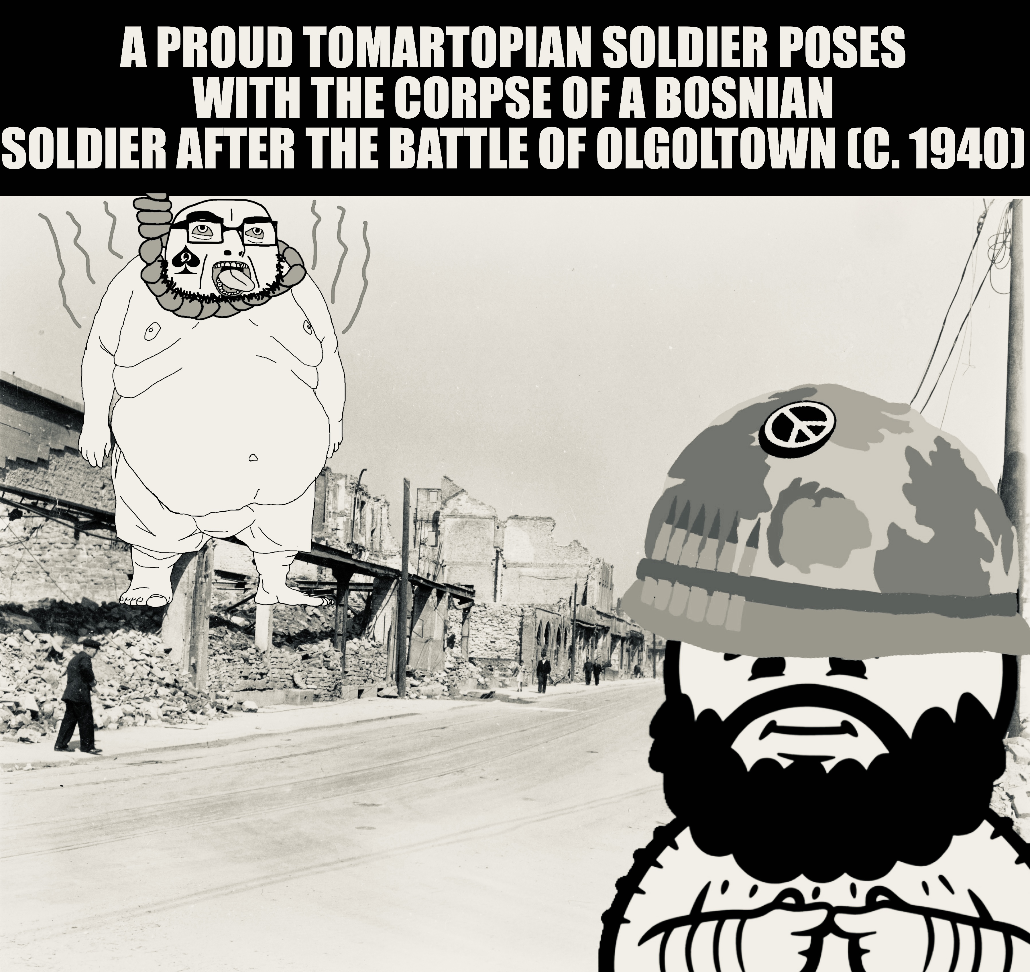 cobson, olgolstein, irl pics of bosnia, proud olgolians, 1soyjak, ack, army, army helmet, beard, black and white