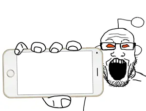 markiplier soyjak, phoneplier horizontal, showing phone, glasses, hair, hands, holding object, holding phone, iphone, open mouth