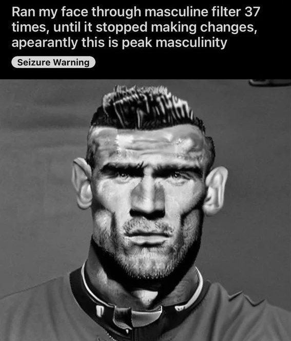 gigachad, 37chad, black hair, buff, closed mouth, front view, frown, gray skin, grayscale, hair