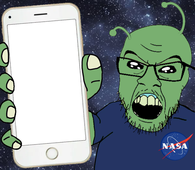 feraljak, phoneplier vertical, showing phone, alien, angry, antenna, bald, blue shirt, blue suit, feral