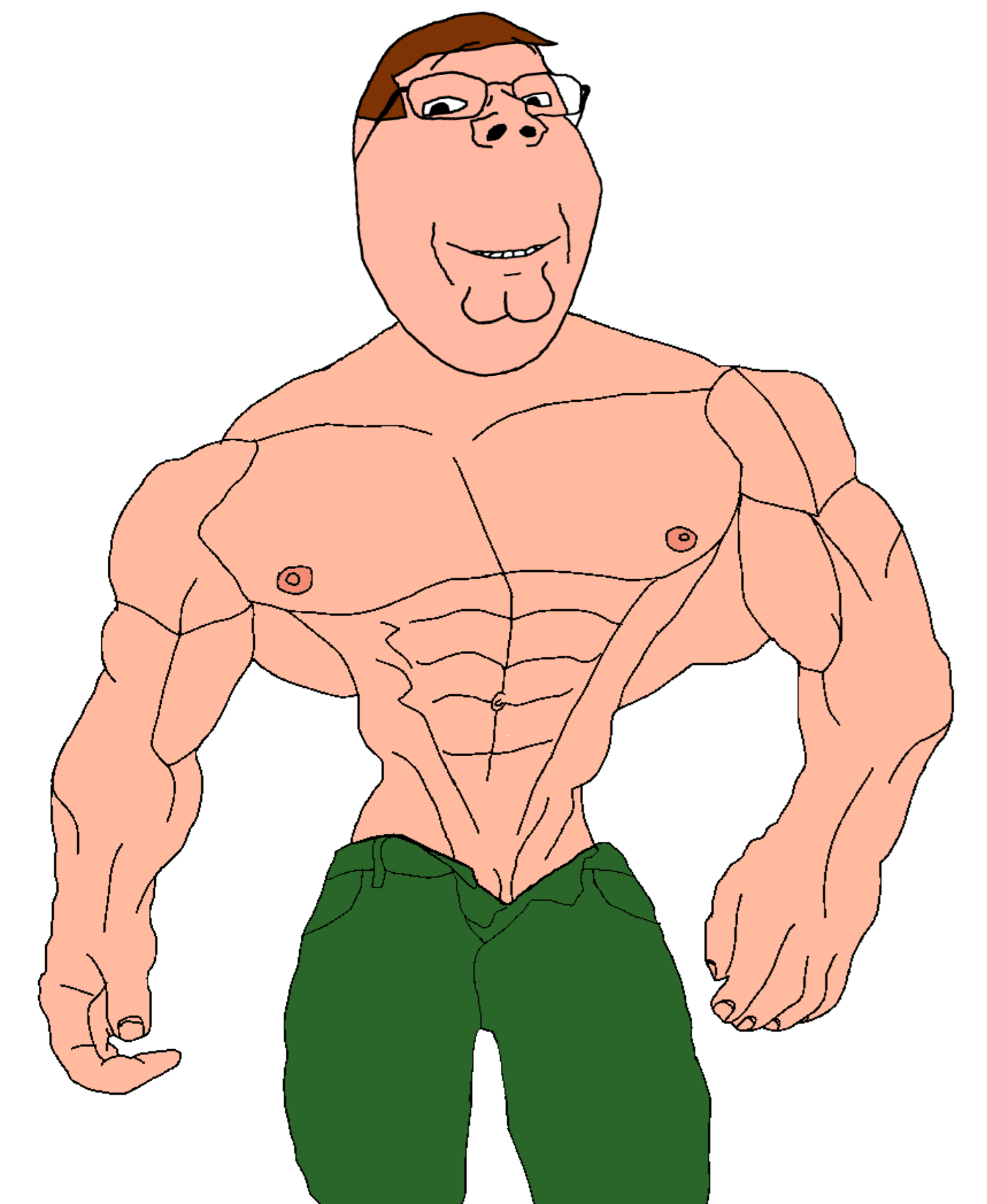 gigachad, peter griffin, terachad, gapejak, wholesome soyjak, 1soyjak, almost full body, arm, brown hair, buff