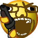 chudjak, yellcel, nuurumoji, angry, cross eyed, glasses, gun, hand, holding gun, holding object