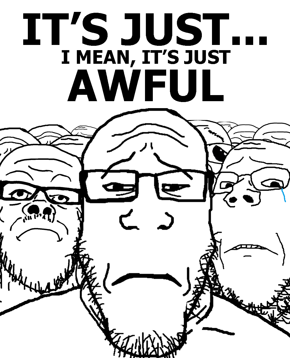 a24 slowburn soyjak, bernd, gapejak, markiplier soyjak, its over, 4soyjaks, bald, black eyes, closed mouth, crying