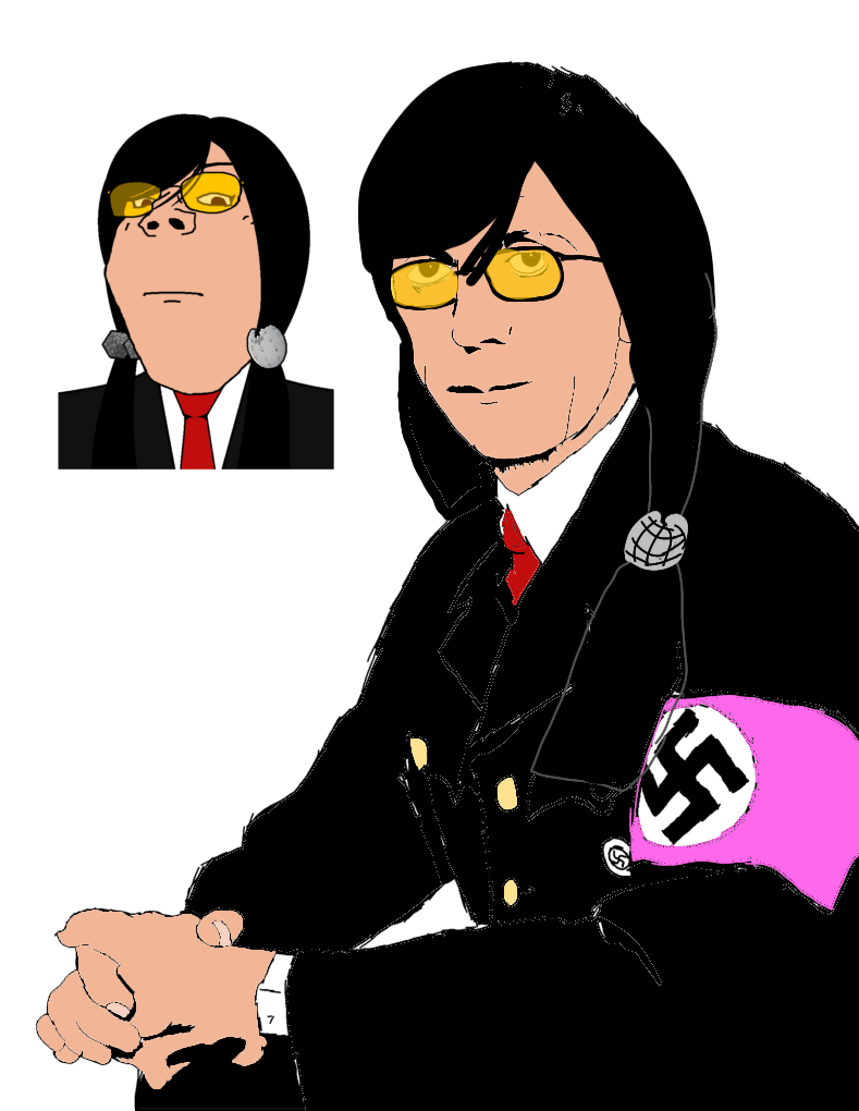 gapejak, unknown, female gapejak, wholesome soyjak, femjak, black hair, black shirt, closed mouth, female, glasses