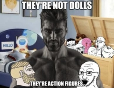 gigachad, wojak, yes chad, chudjak, impish soyak ears, soyak, action figure, black eyes, black hair, buff