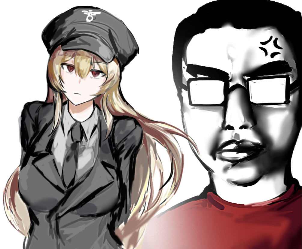 shemmysloota, chudjak, 1soyjak, black hair, blonde hair, bushy eyebrows, cap, closed mouth, clothes, eagle