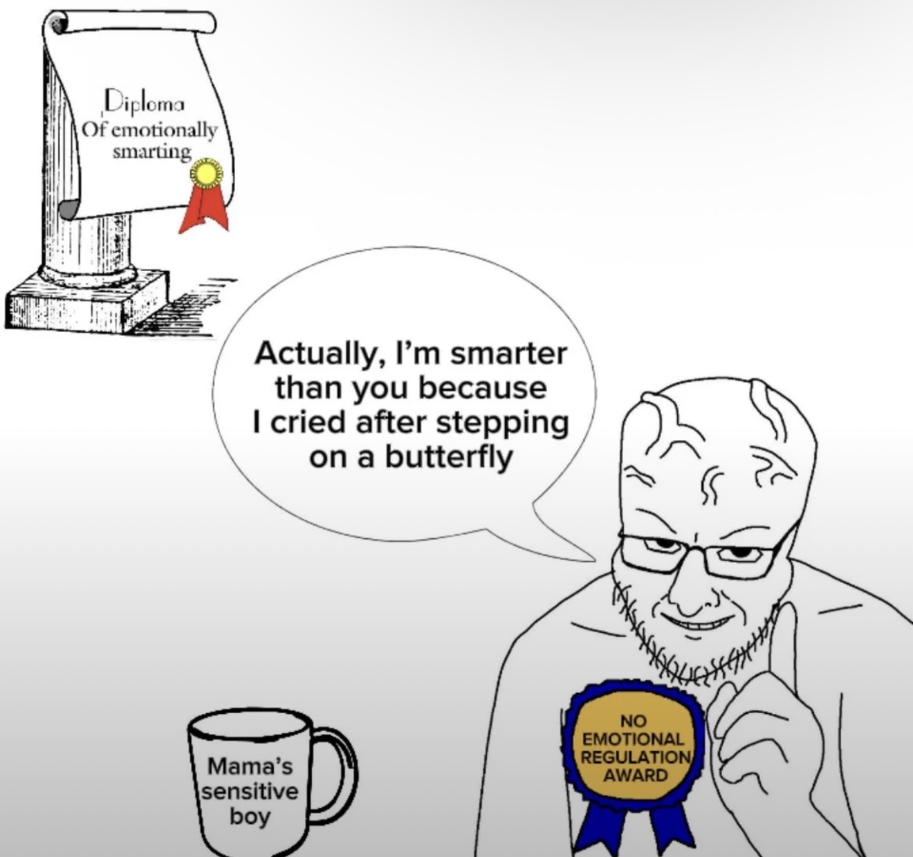 interjak, 1soyjak, award, bald, big brain, black eyes, coffee cup, diploma, front view, half open mouth