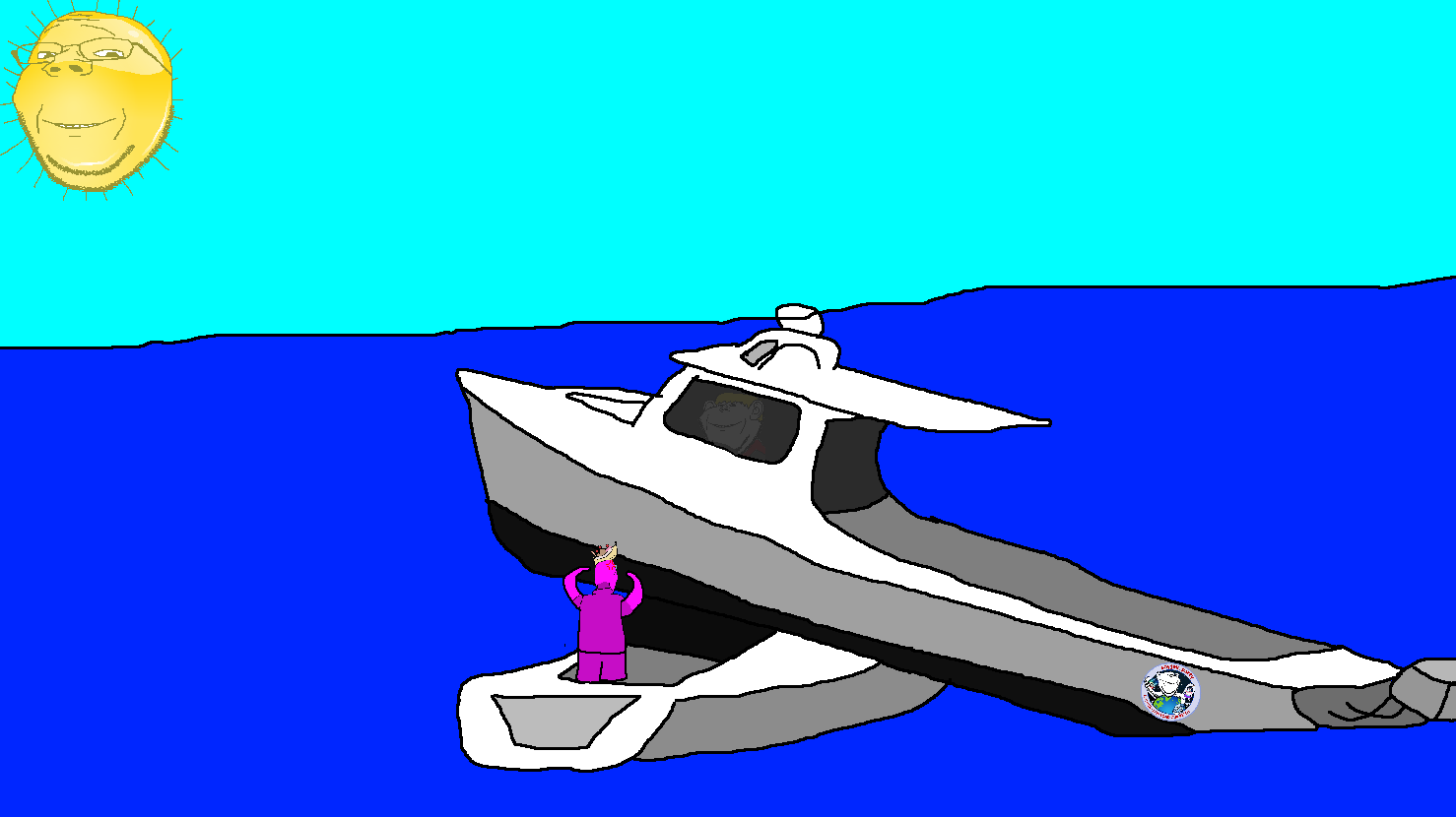 gapejak, impish soyak ears, wholesome soyjak, 3soyjaks, banana, banana split ice cream, black eyes, blue background, boat, body of water
