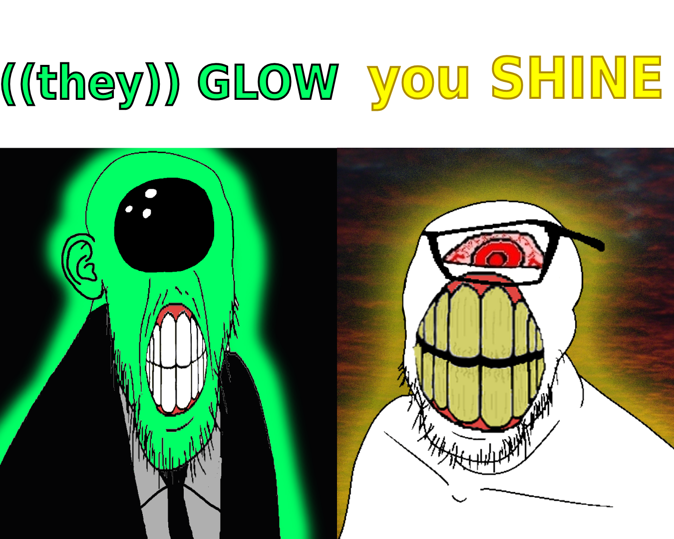feraljak, glowie, 2soyjaks, bald, black background, black eyes, bloodshot eyes, central intelligence agency, clenched teeth, clothes