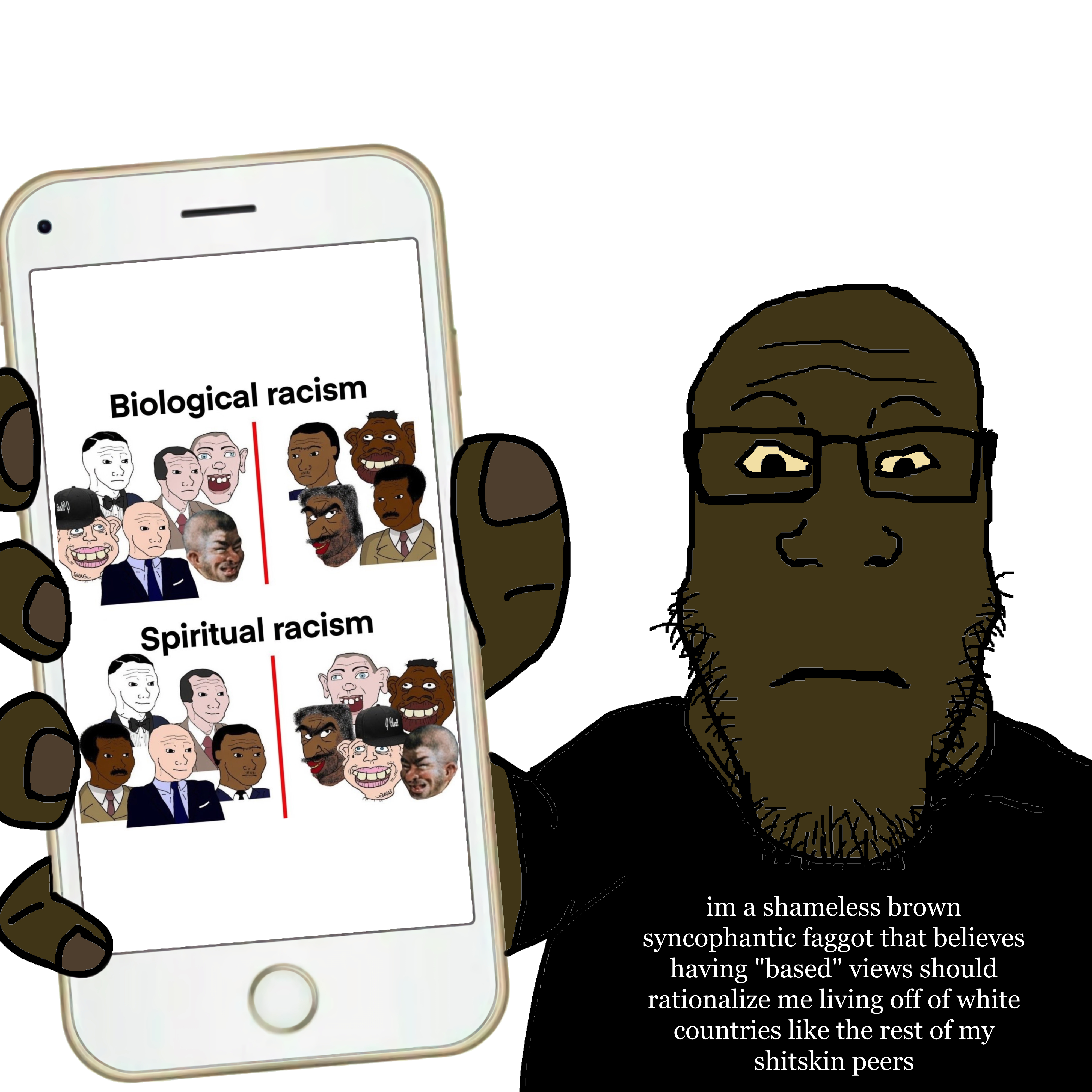 sheeeit, timmy, wojak, markiplier soyjak, neutralplier, phoneplier vertical, showing phone, arm, brown skin, closed mouth