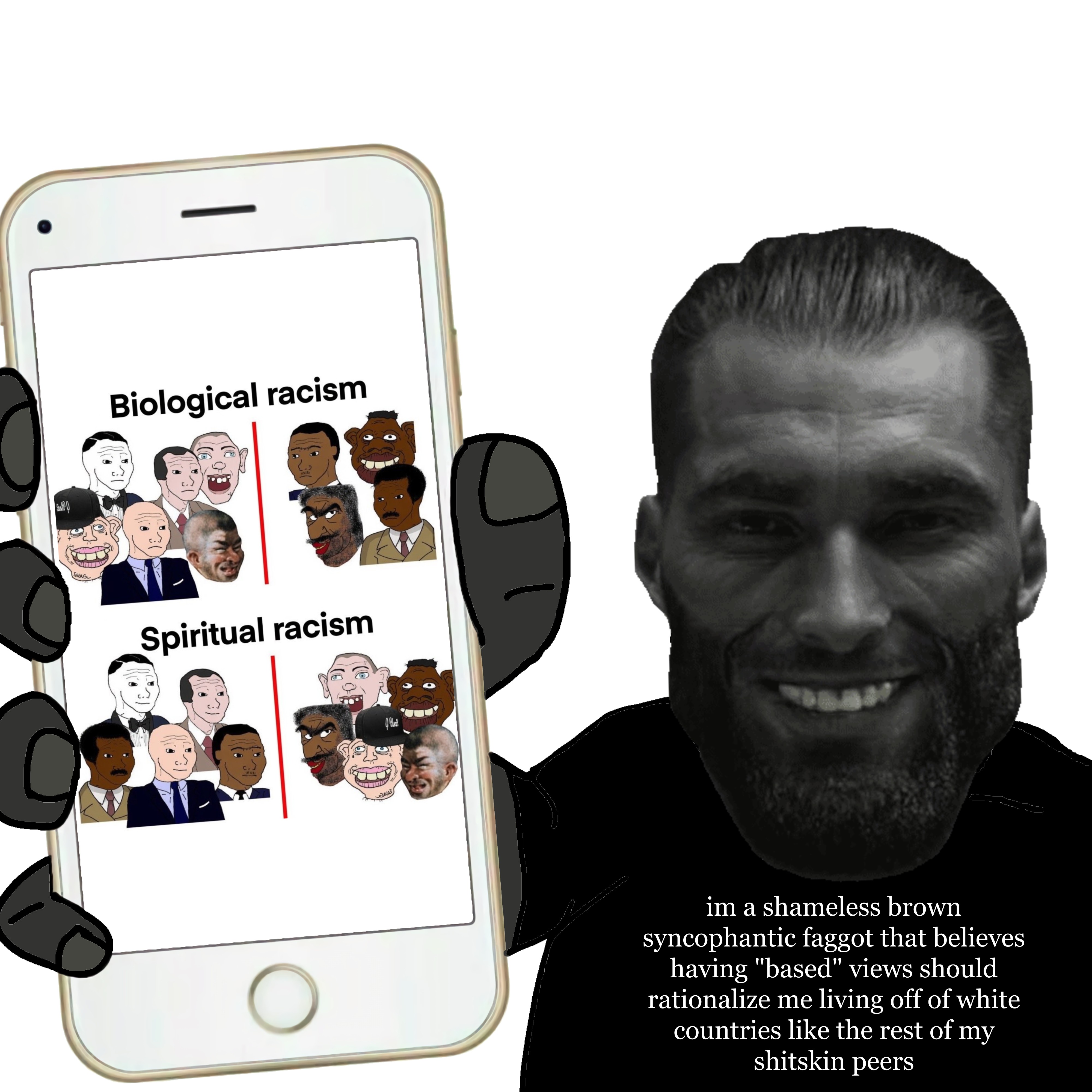 gigachad, sheeeit, timmy, wojak, markiplier soyjak, phoneplier vertical, showing phone, arm, brown skin, closed mouth