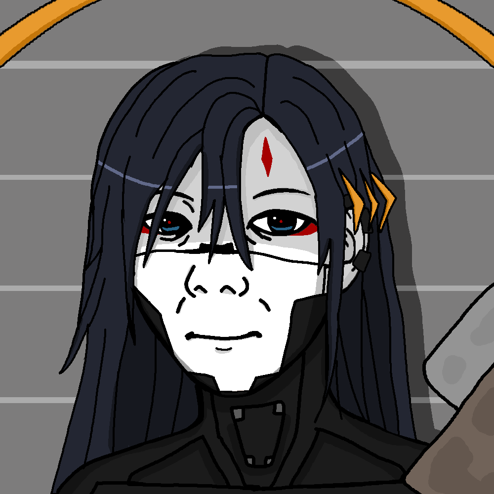 kuzjak, temuchan, femjak, 1soyjak, android, blue eyes, blue hair, chestplate, closed mouth, drawn background