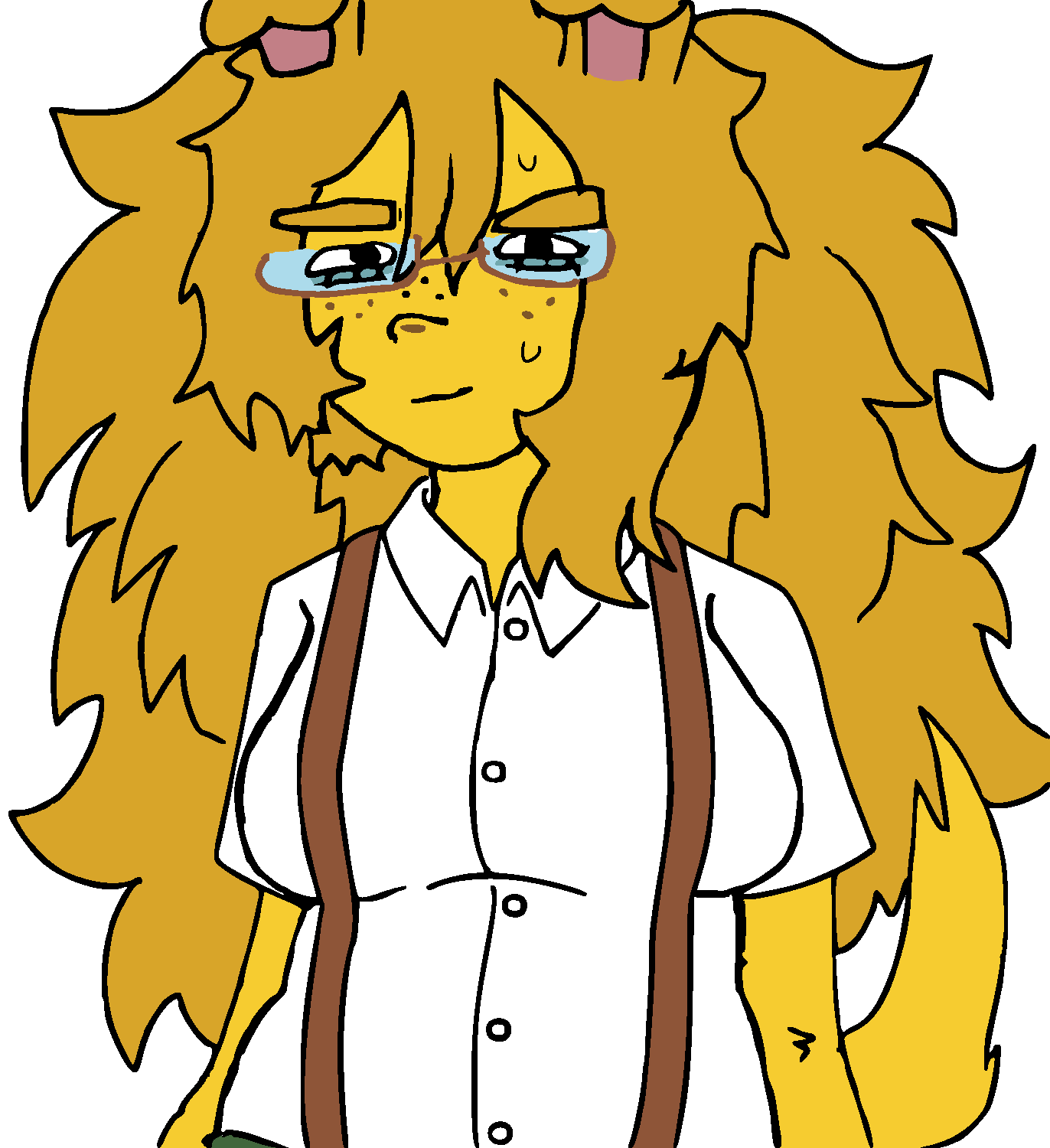 femjanny, big hair, black eyes, blonde hair, brown glasses, closed mouth, dog ear, doggirl, ear, female